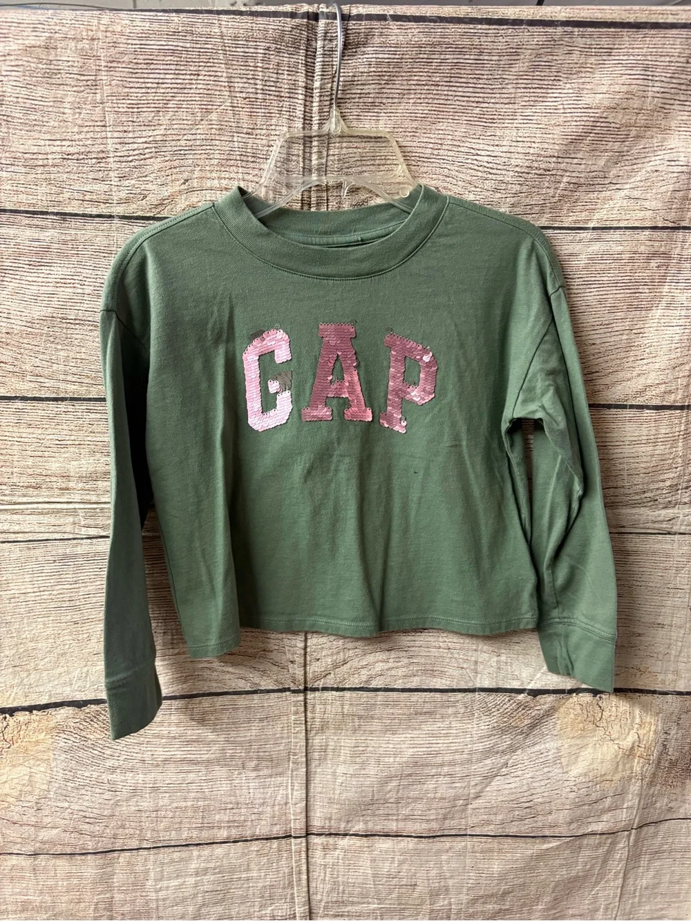 GAP Olive Green Long Sleeve Tee with Pink Sequin Logo